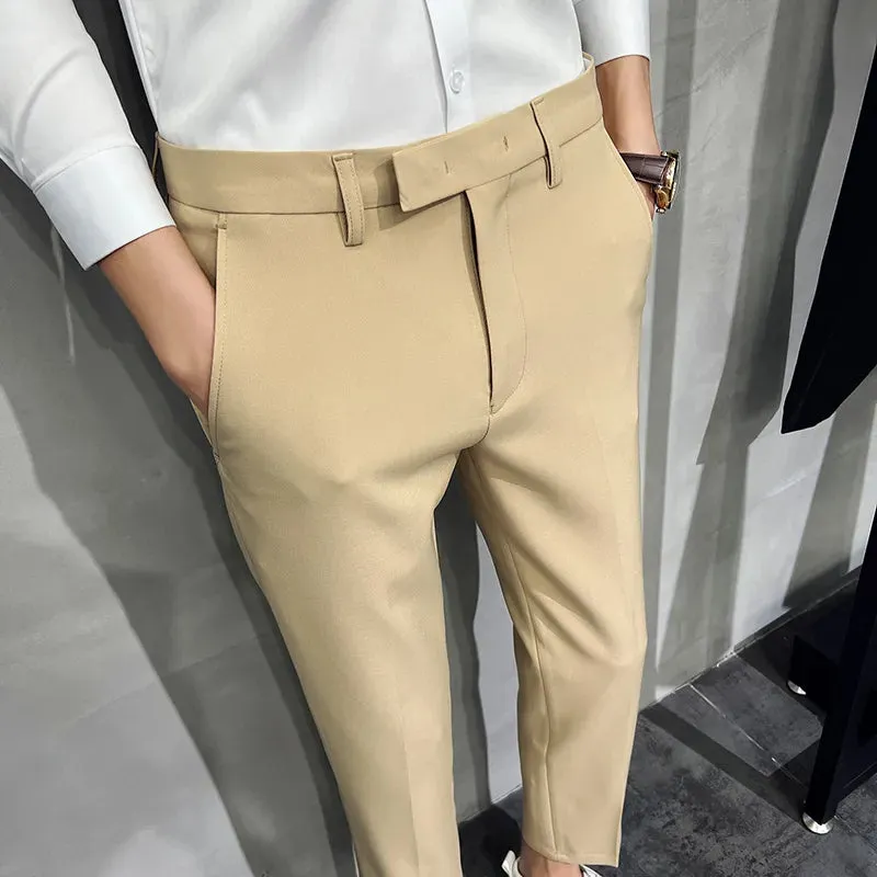 2022 Summer Fashion Mens Dark Green Suit Pants Pure Color Business Occupation Slim Fit Dress Office Ankle Trousers