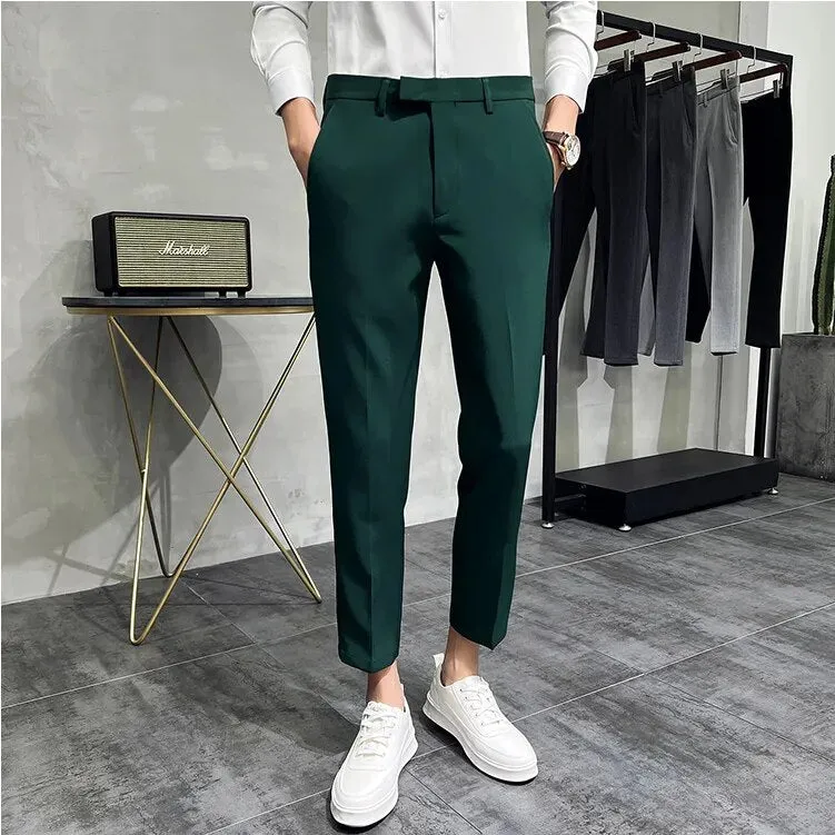 2022 Summer Fashion Mens Dark Green Suit Pants Pure Color Business Occupation Slim Fit Dress Office Ankle Trousers