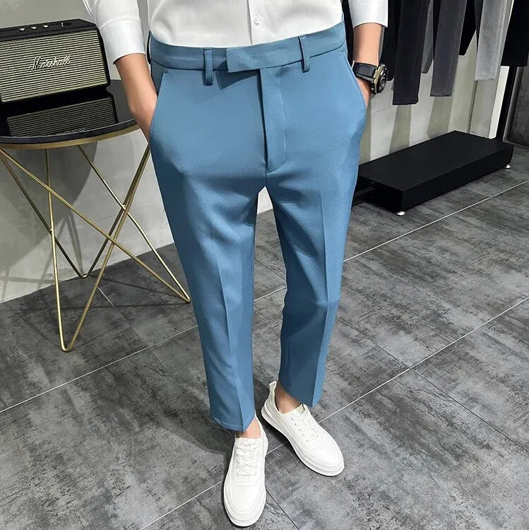 2022 Summer Fashion Mens Dark Green Suit Pants Pure Color Business Occupation Slim Fit Dress Office Ankle Trousers