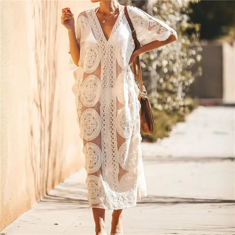 2023 Kaftan Beach Pareo Beachwear Swim suit Cover up Playa Pareo Tunics for Beach Tunic Swimwear Women Lace Beach Dress #Q880