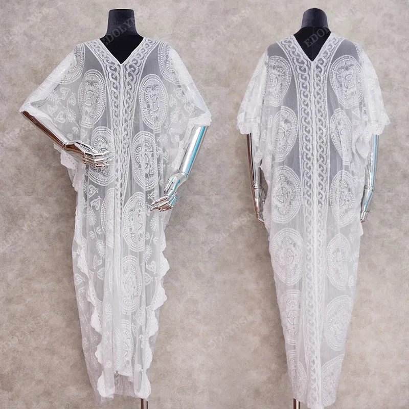 2023 Kaftan Beach Pareo Beachwear Swim suit Cover up Playa Pareo Tunics for Beach Tunic Swimwear Women Lace Beach Dress #Q880