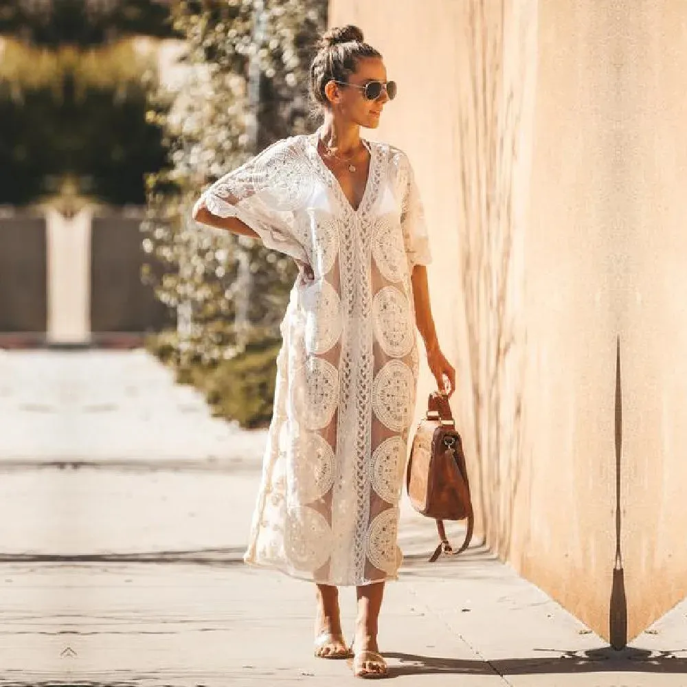 2023 Kaftan Beach Pareo Beachwear Swim suit Cover up Playa Pareo Tunics for Beach Tunic Swimwear Women Lace Beach Dress #Q880