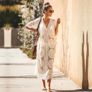 2023 Kaftan Beach Pareo Beachwear Swim suit Cover up Playa Pareo Tunics for Beach Tunic Swimwear Women Lace Beach Dress #Q880