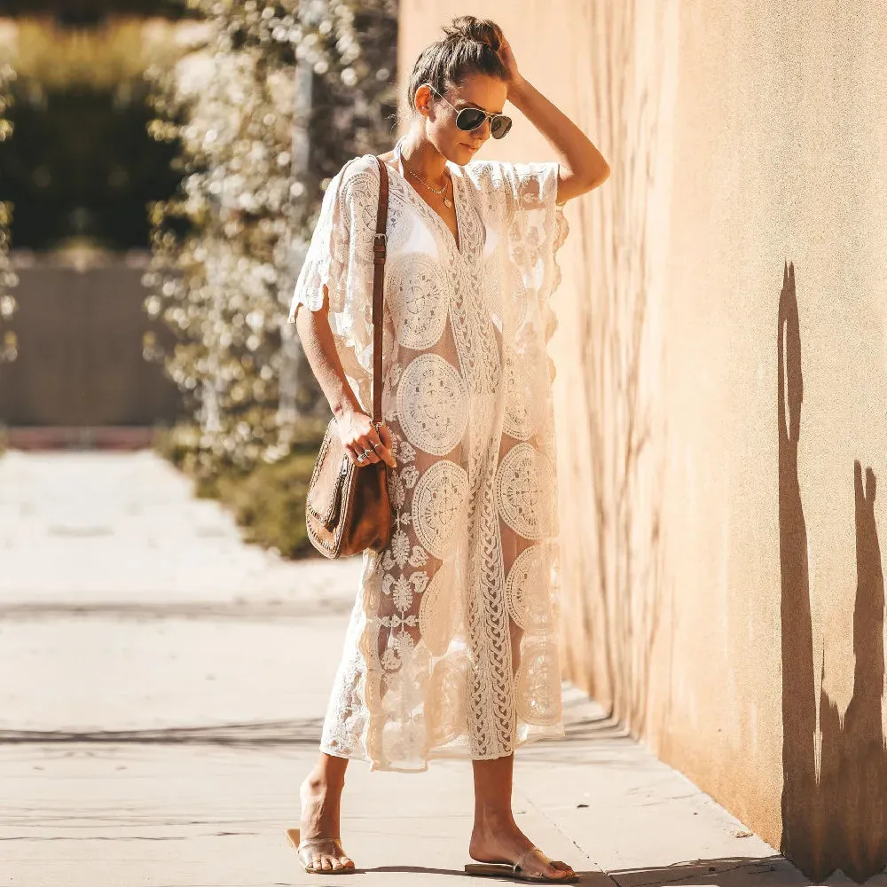 2023 Kaftan Beach Pareo Beachwear Swim suit Cover up Playa Pareo Tunics for Beach Tunic Swimwear Women Lace Beach Dress #Q880