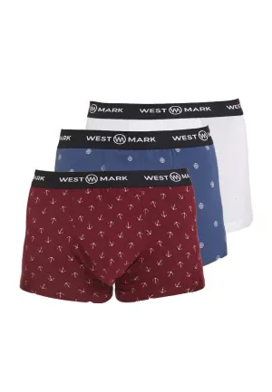 3'lü Beyaz Mavi Bordo Desenli Rahat Fit Erkek Boxer Seti SAILOR TRUNK