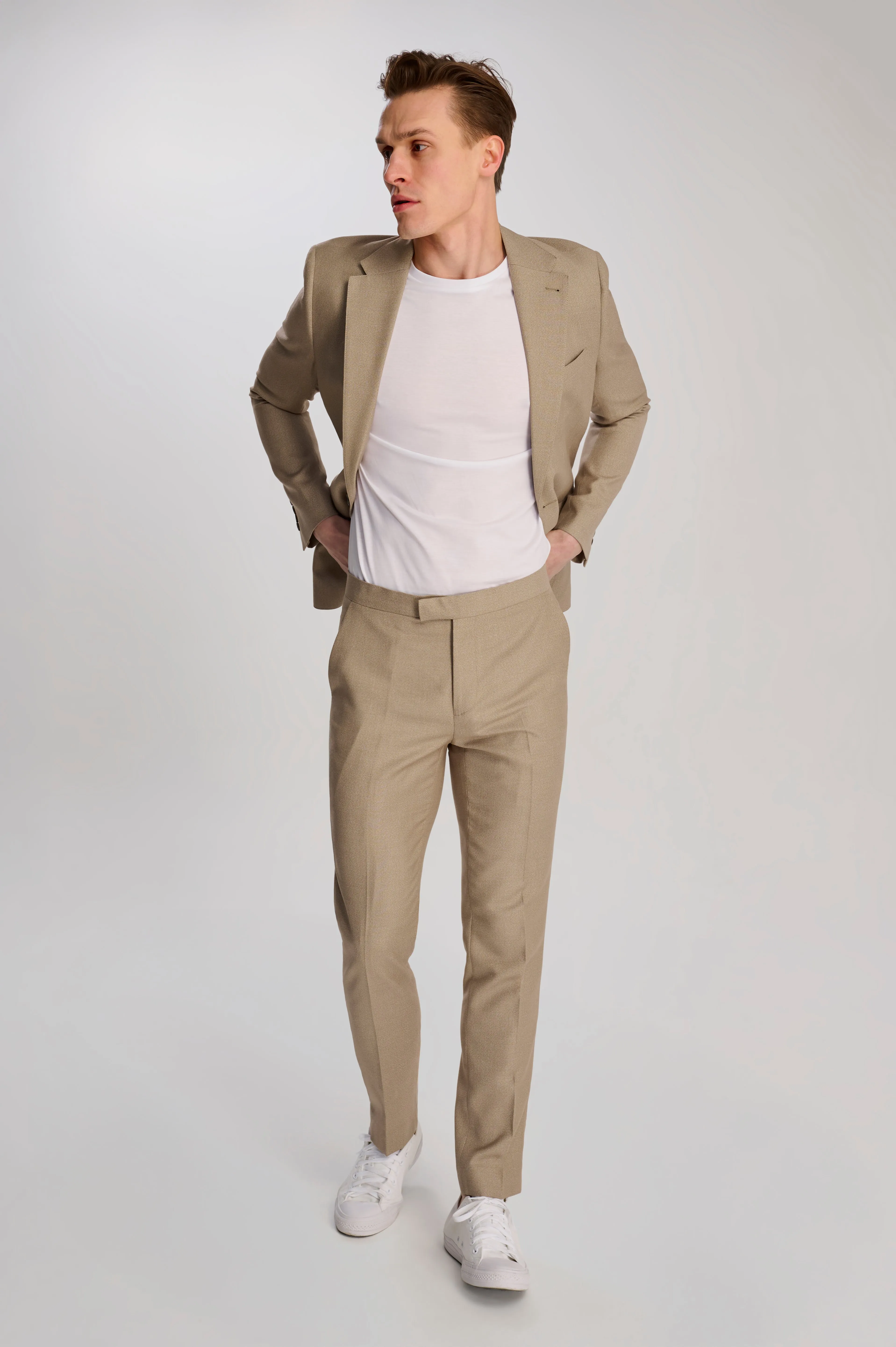 Archie Melange Slim Fit Suit Trousers in Beige