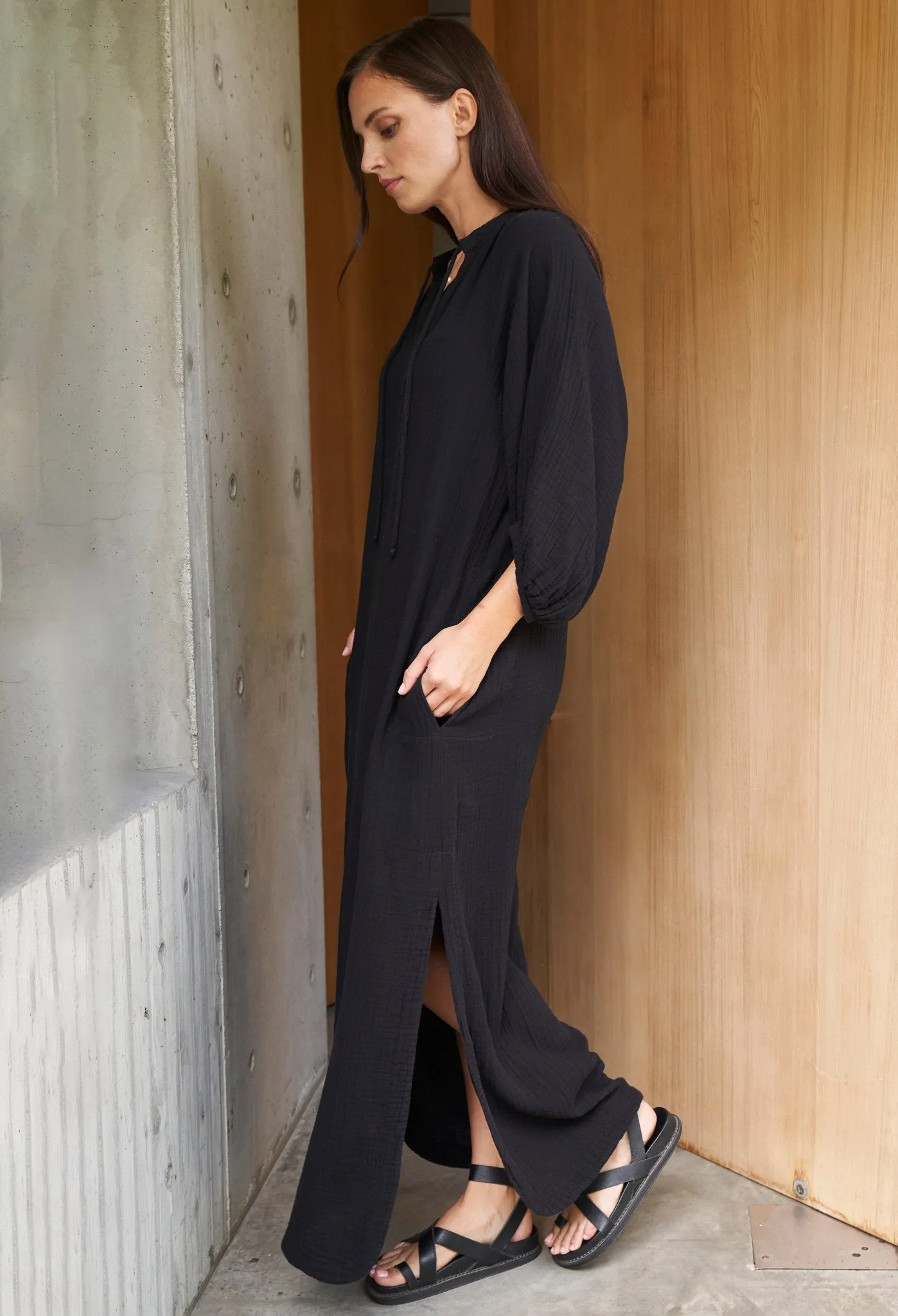 Avery Black Long Tie Neck Dress Gauze Caftan