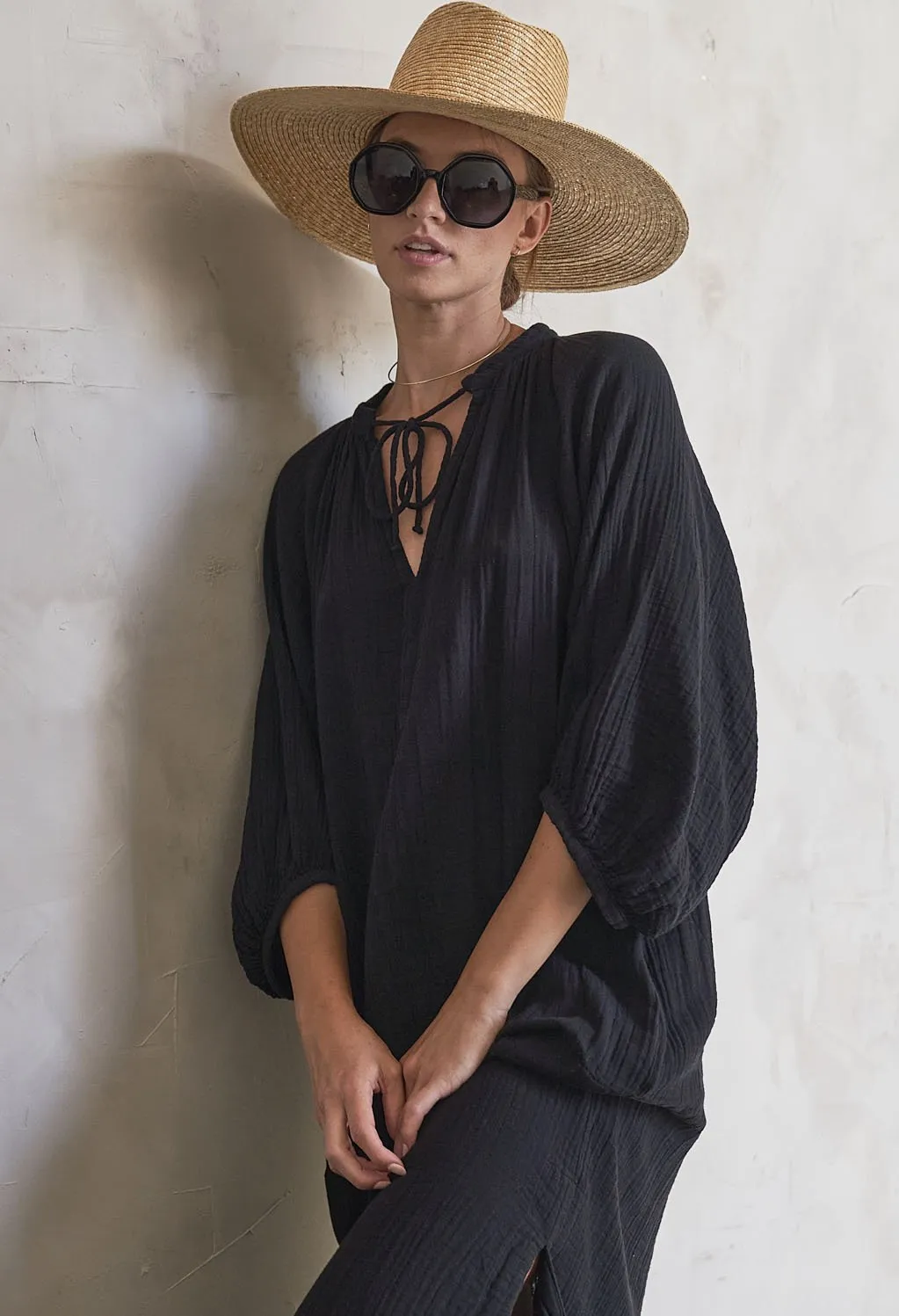 Avery Black Long Tie Neck Dress Gauze Caftan