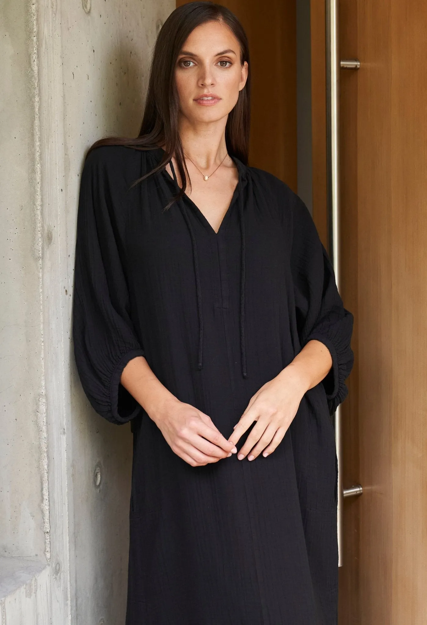 Avery Black Long Tie Neck Dress Gauze Caftan