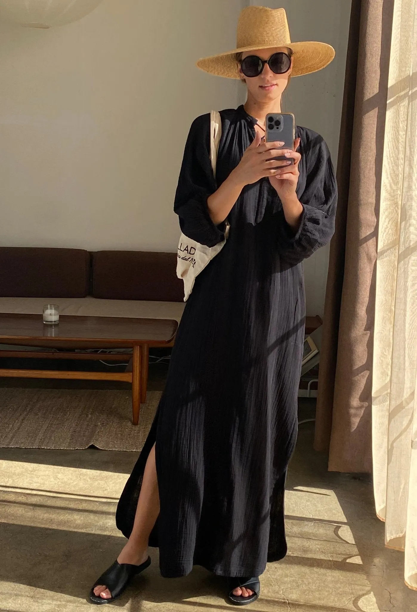 Avery Black Long Tie Neck Dress Gauze Caftan