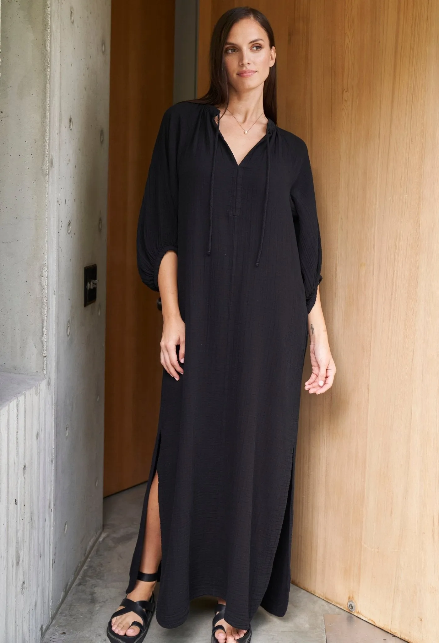 Avery Black Long Tie Neck Dress Gauze Caftan