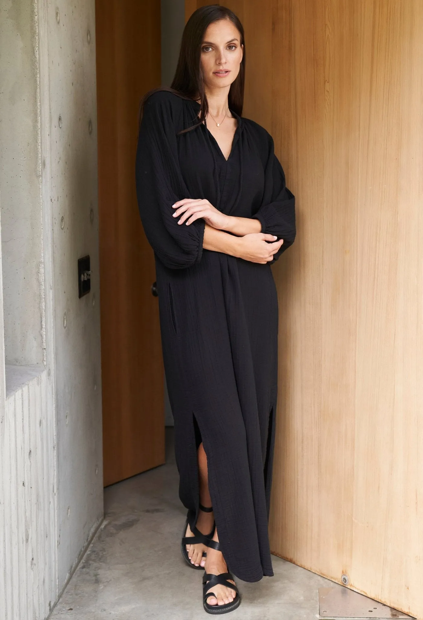 Avery Black Long Tie Neck Dress Gauze Caftan