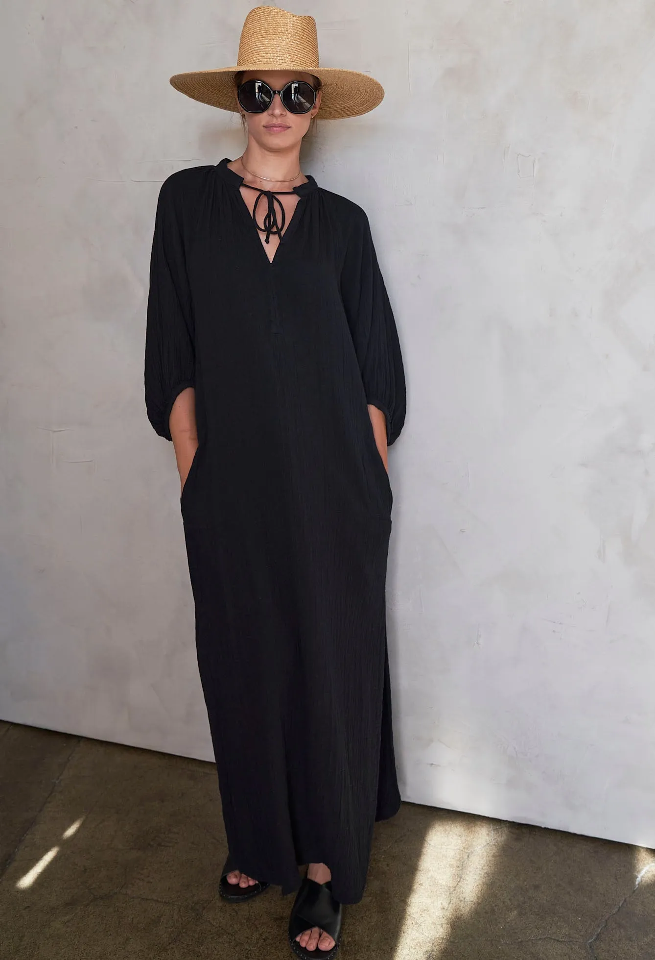 Avery Black Long Tie Neck Dress Gauze Caftan