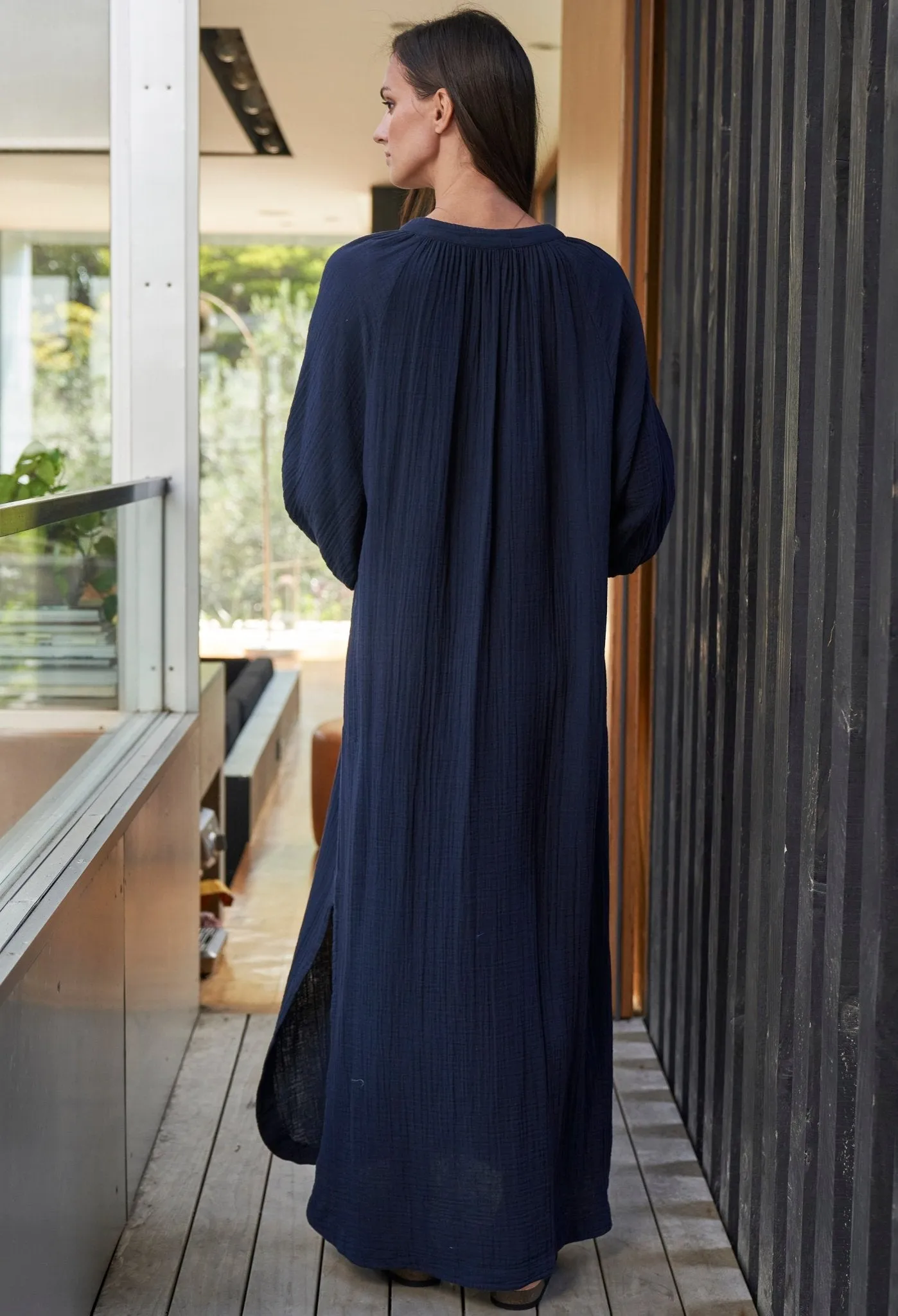 Avery Navy Long Tie Neck Dress Gauze Caftan