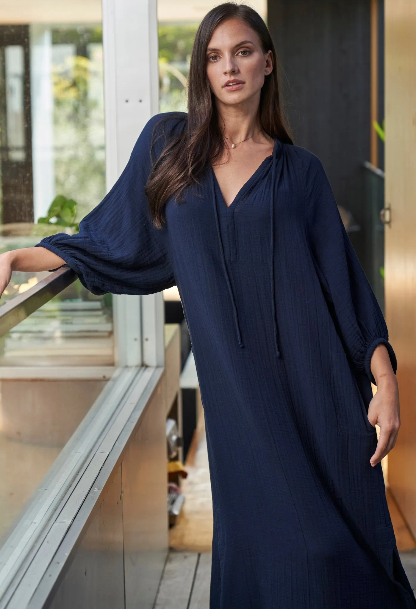 Avery Navy Long Tie Neck Dress Gauze Caftan
