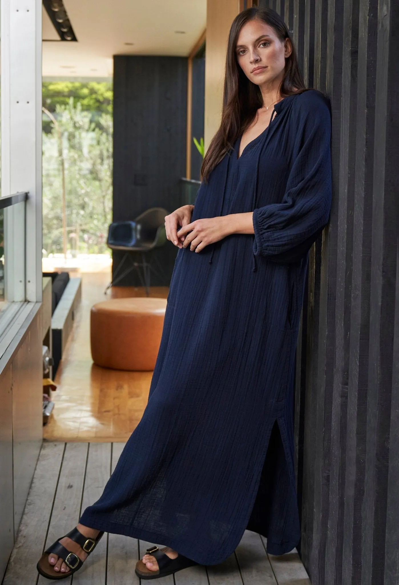 Avery Navy Long Tie Neck Dress Gauze Caftan