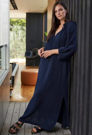Avery Navy Long Tie Neck Dress Gauze Caftan