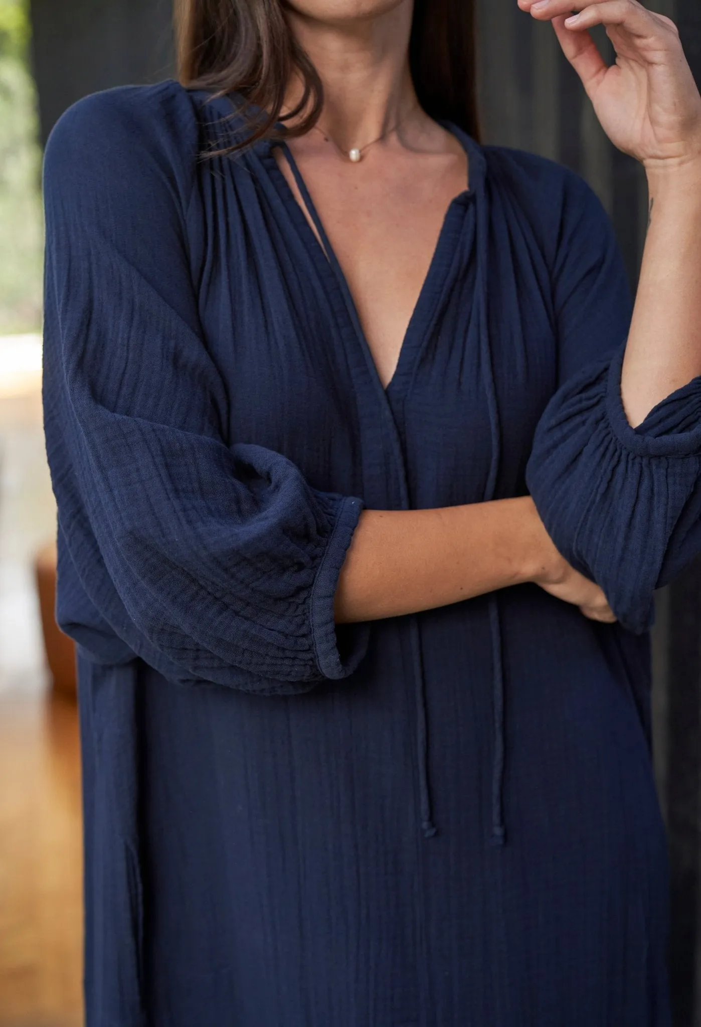 Avery Navy Long Tie Neck Dress Gauze Caftan