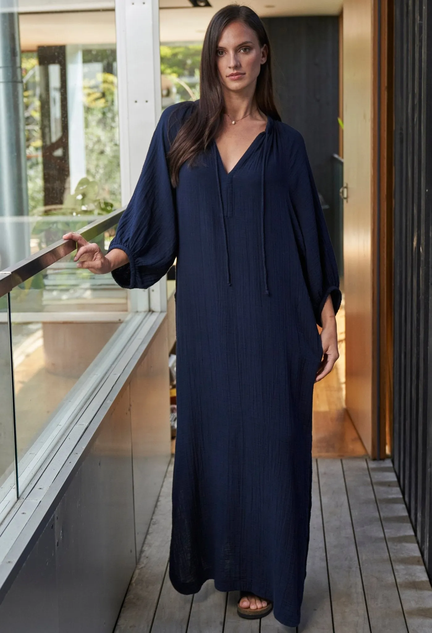 Avery Navy Long Tie Neck Dress Gauze Caftan
