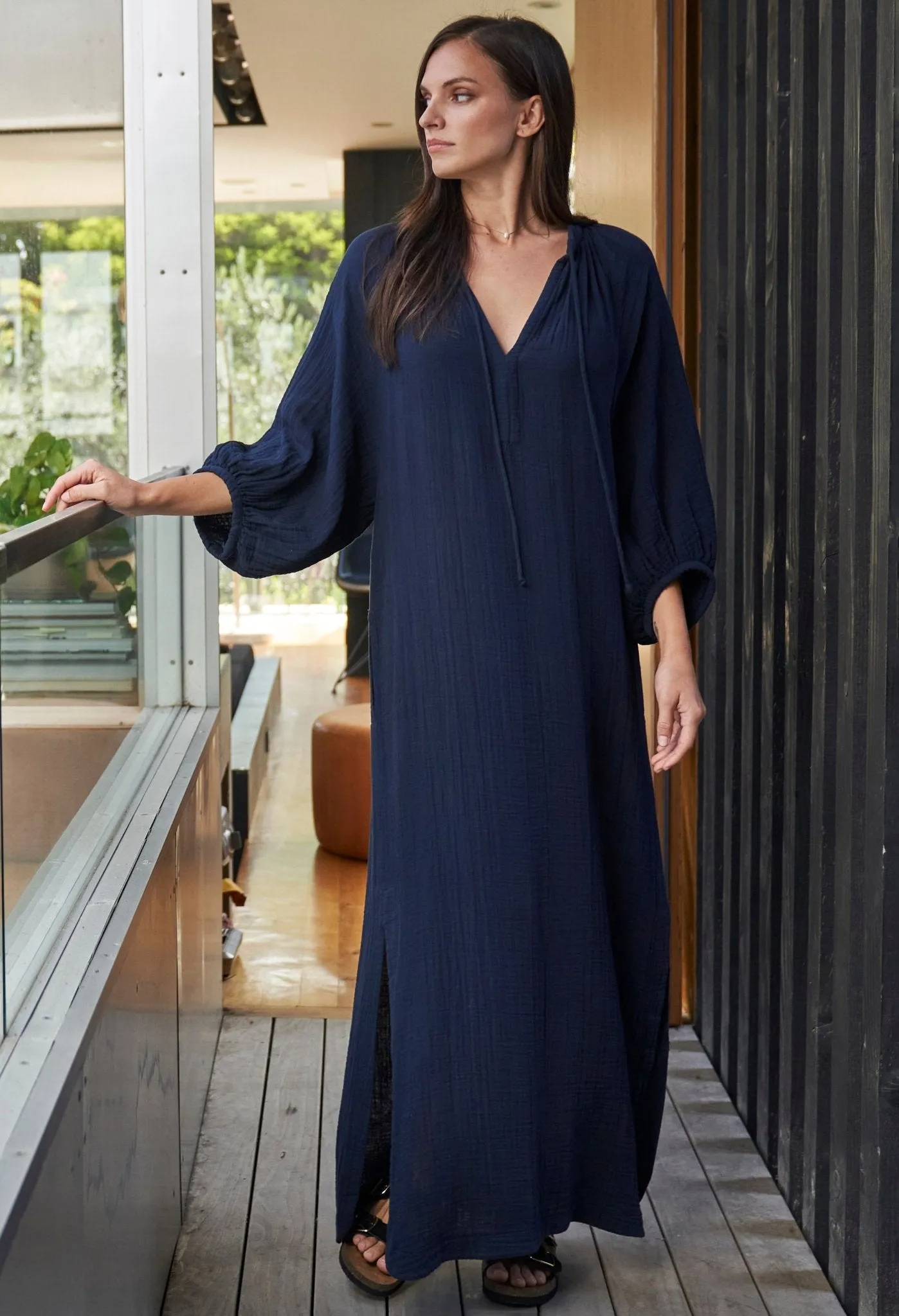 Avery Navy Long Tie Neck Dress Gauze Caftan
