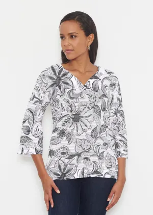 Baltic Watercolor Black (7697) ~ Banded 3/4 Bell-Sleeve V-Neck Tunic