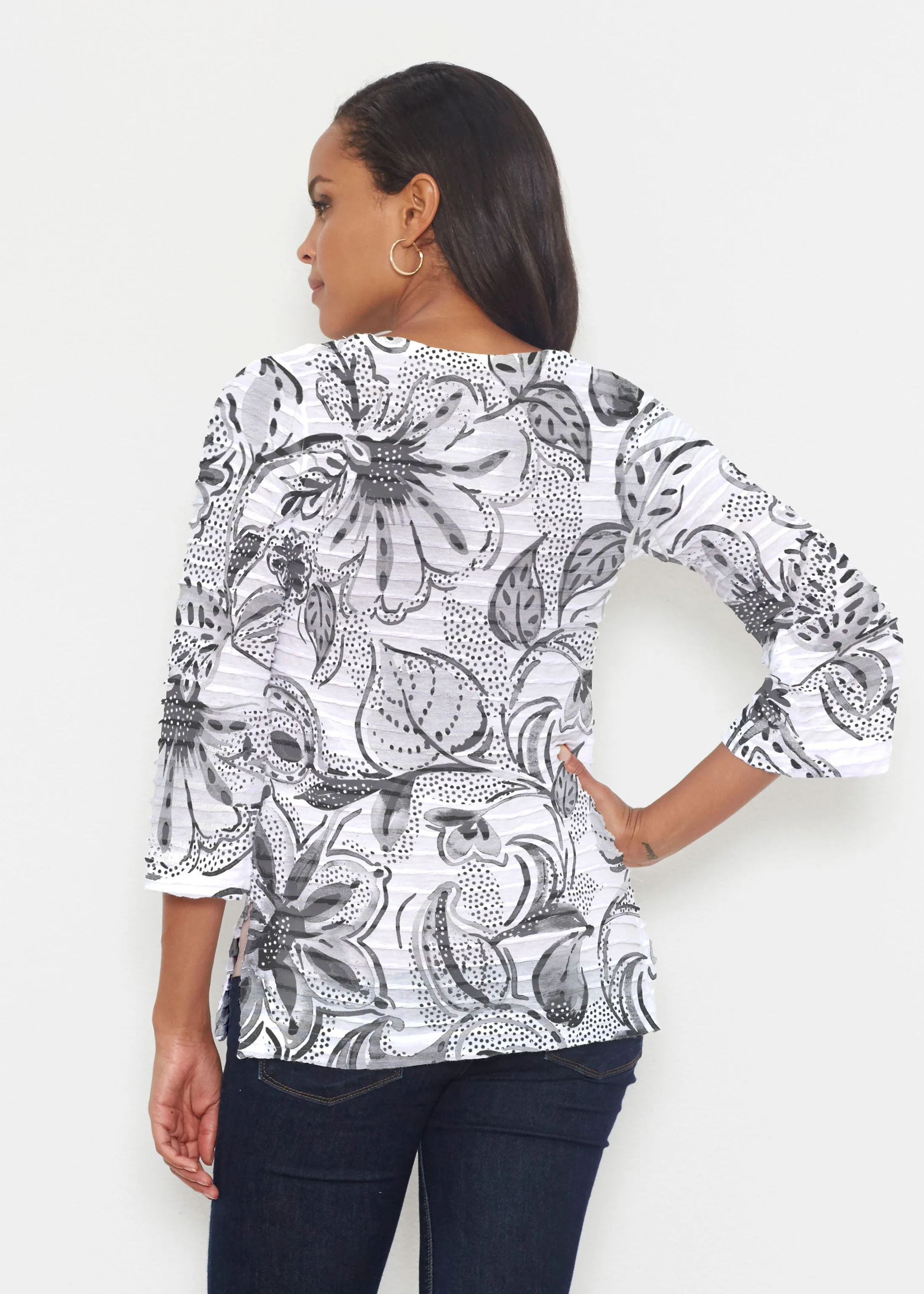 Baltic Watercolor Black (7697) ~ Banded 3/4 Bell-Sleeve V-Neck Tunic