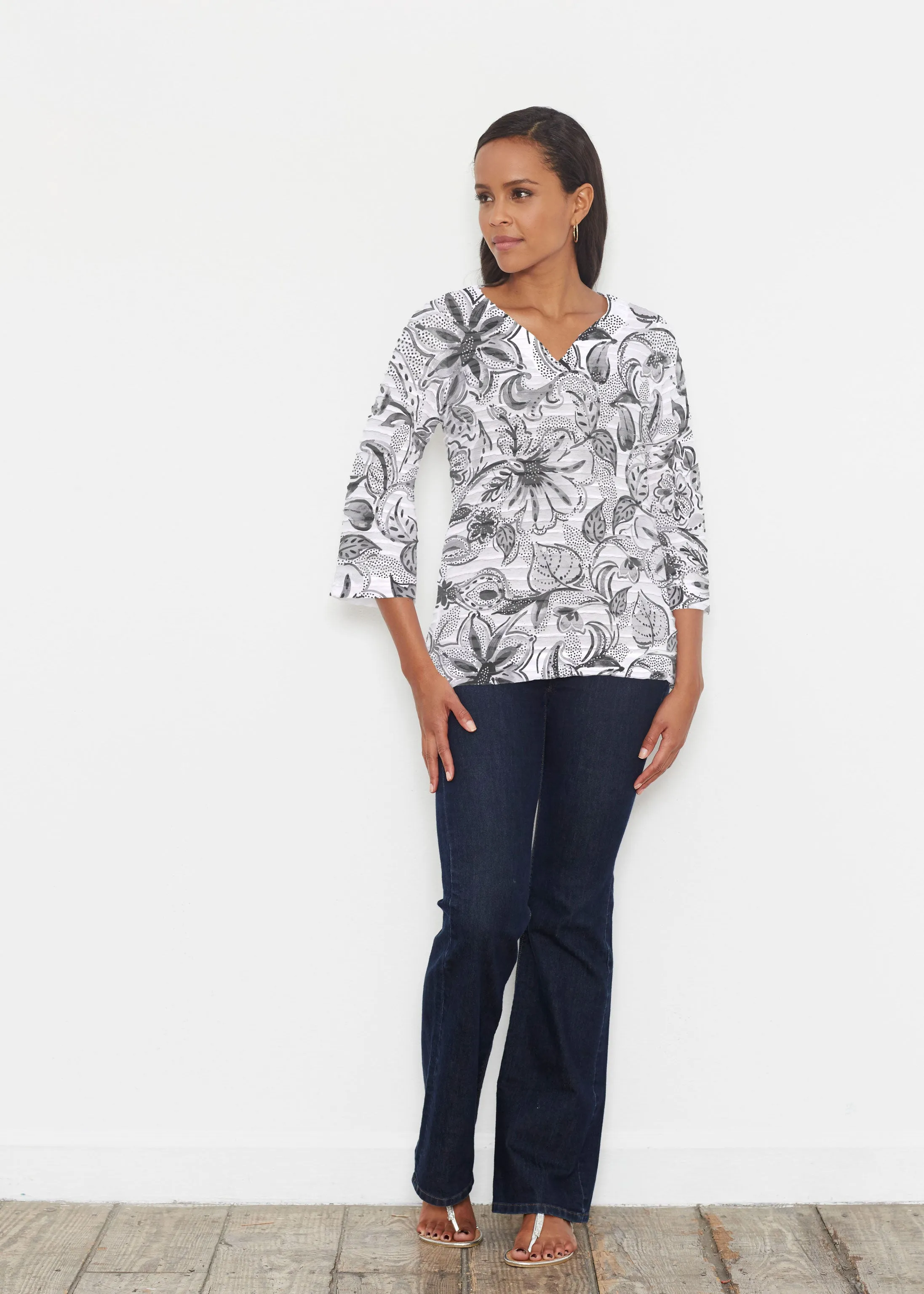 Baltic Watercolor Black (7697) ~ Banded 3/4 Bell-Sleeve V-Neck Tunic