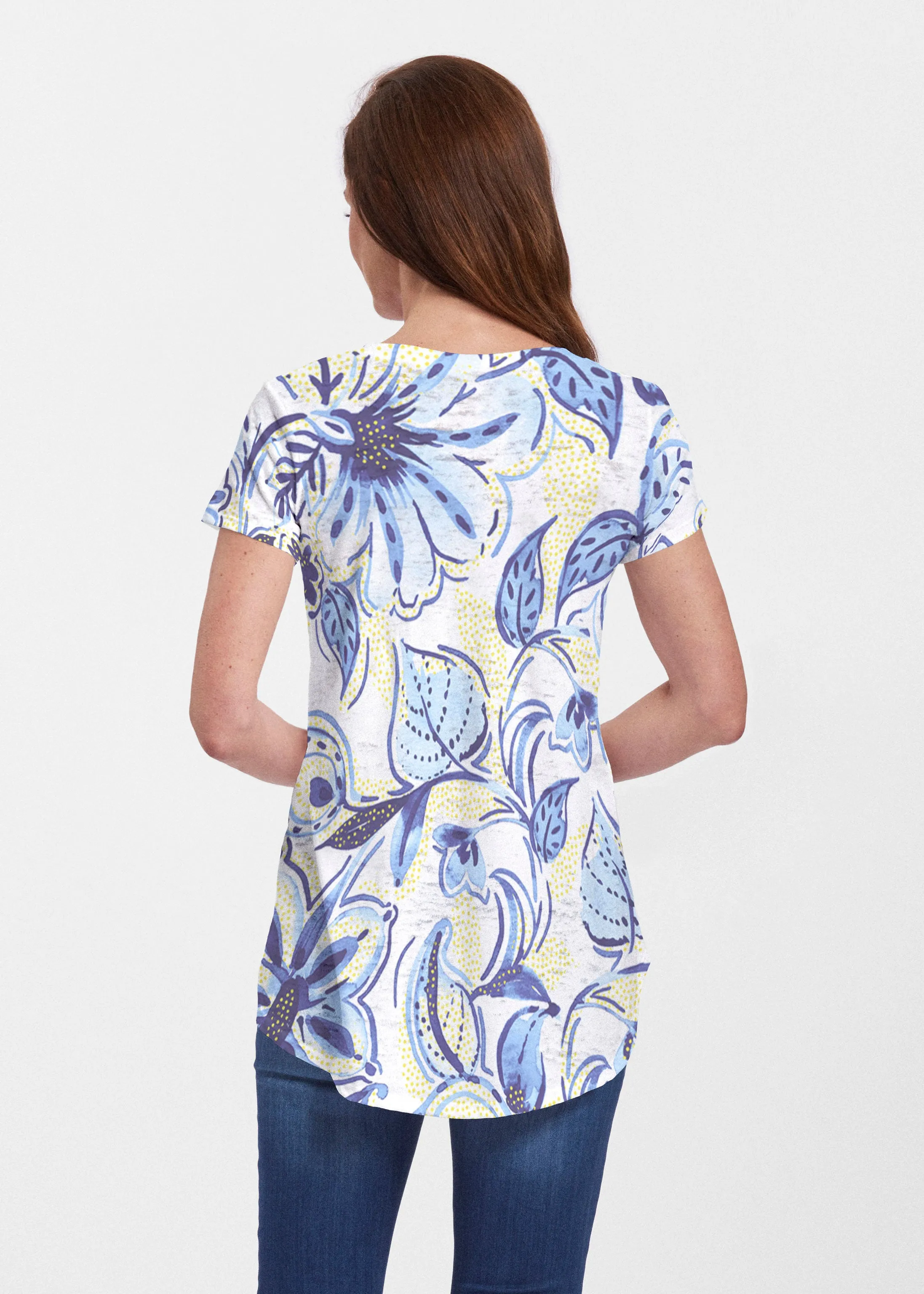 Baltic Watercolor Navy-Yellow (7698) ~ Signature Short Sleeve Scoop Neck Flowy Tunic