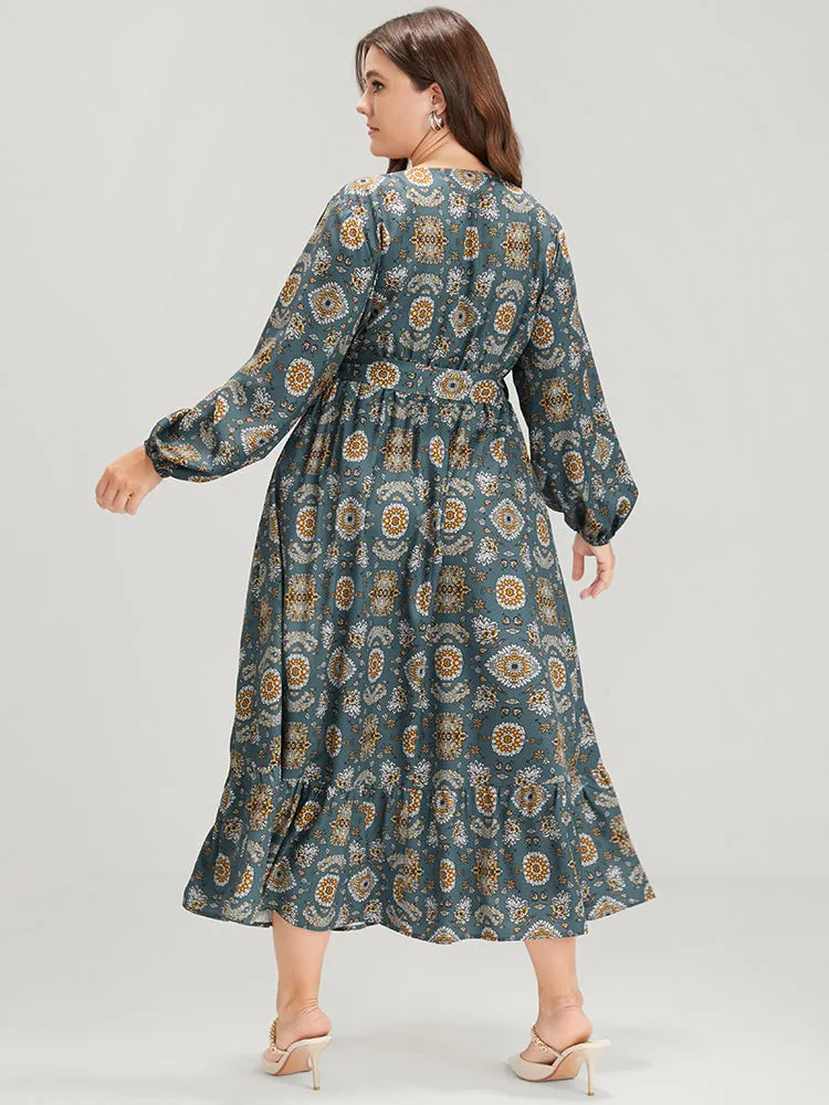Bandana Lantern Sleeve Pocket Knotted Front Wrap Midi Dress