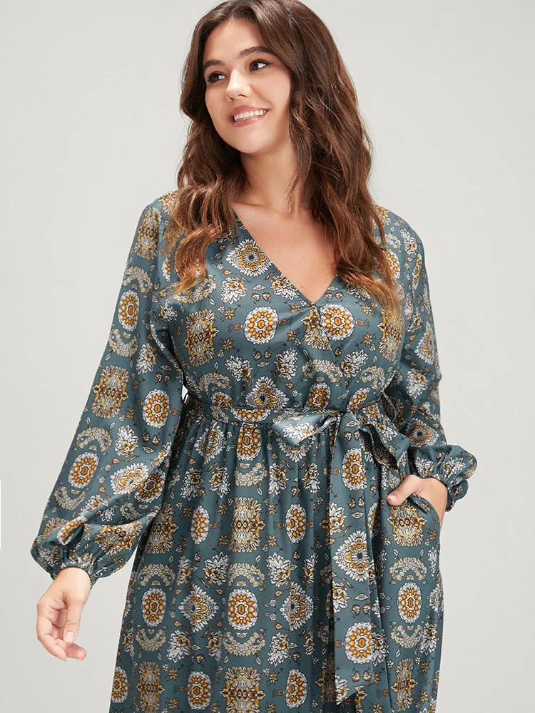 Bandana Lantern Sleeve Pocket Knotted Front Wrap Midi Dress