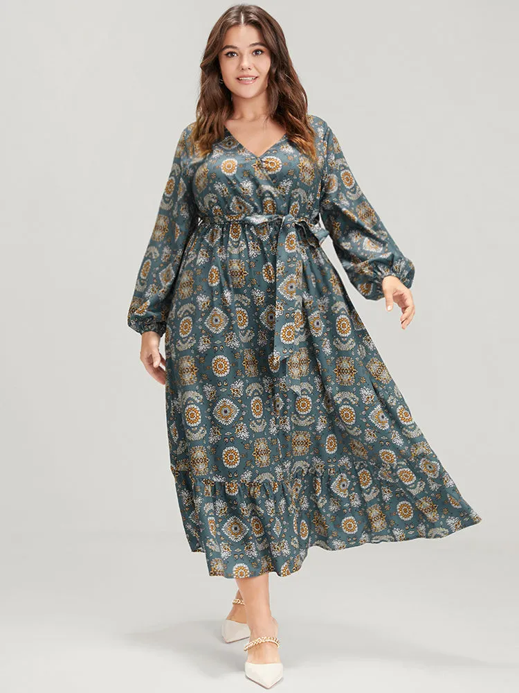 Bandana Lantern Sleeve Pocket Knotted Front Wrap Midi Dress