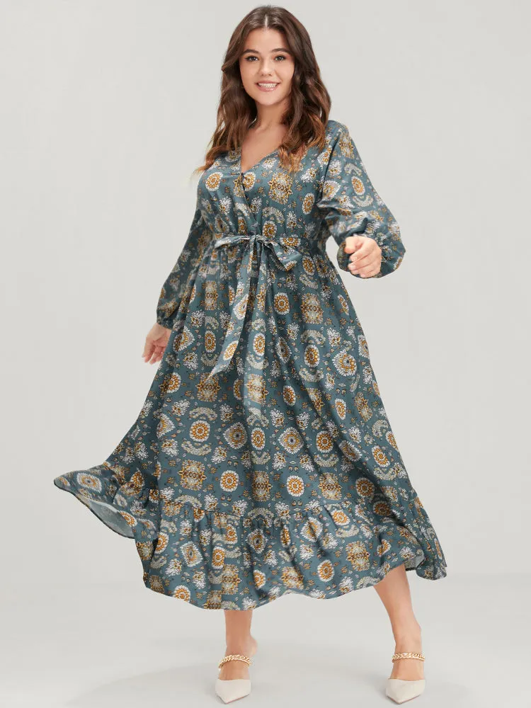 Bandana Lantern Sleeve Pocket Knotted Front Wrap Midi Dress