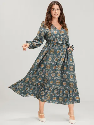 Bandana Lantern Sleeve Pocket Knotted Front Wrap Midi Dress