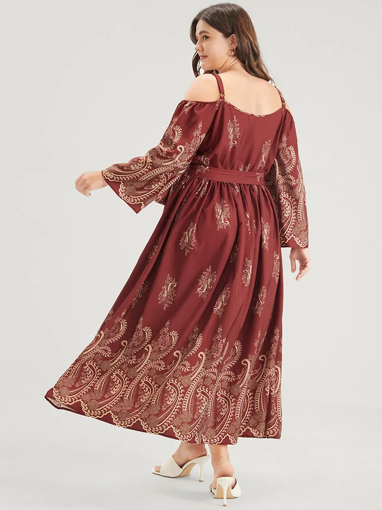 Bandana Pocket Split Belted Cold Shoulder Ruffle Hem Maxi Dress