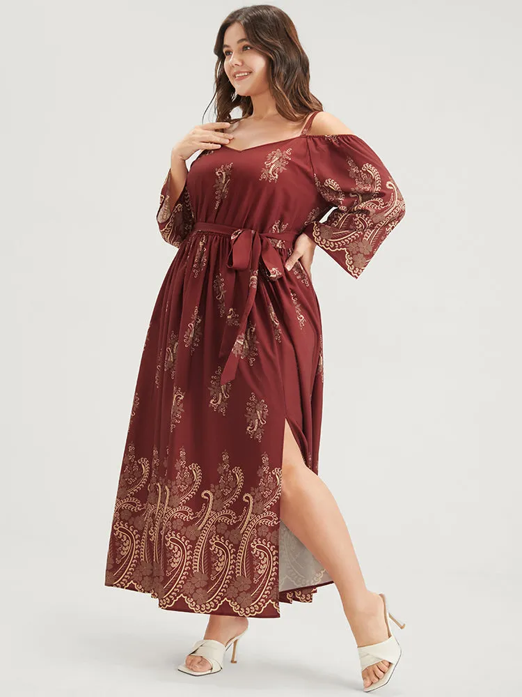 Bandana Pocket Split Belted Cold Shoulder Ruffle Hem Maxi Dress