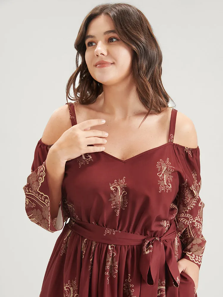 Bandana Pocket Split Belted Cold Shoulder Ruffle Hem Maxi Dress