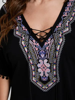 Bandana Print Lace Up V Neck Blouse