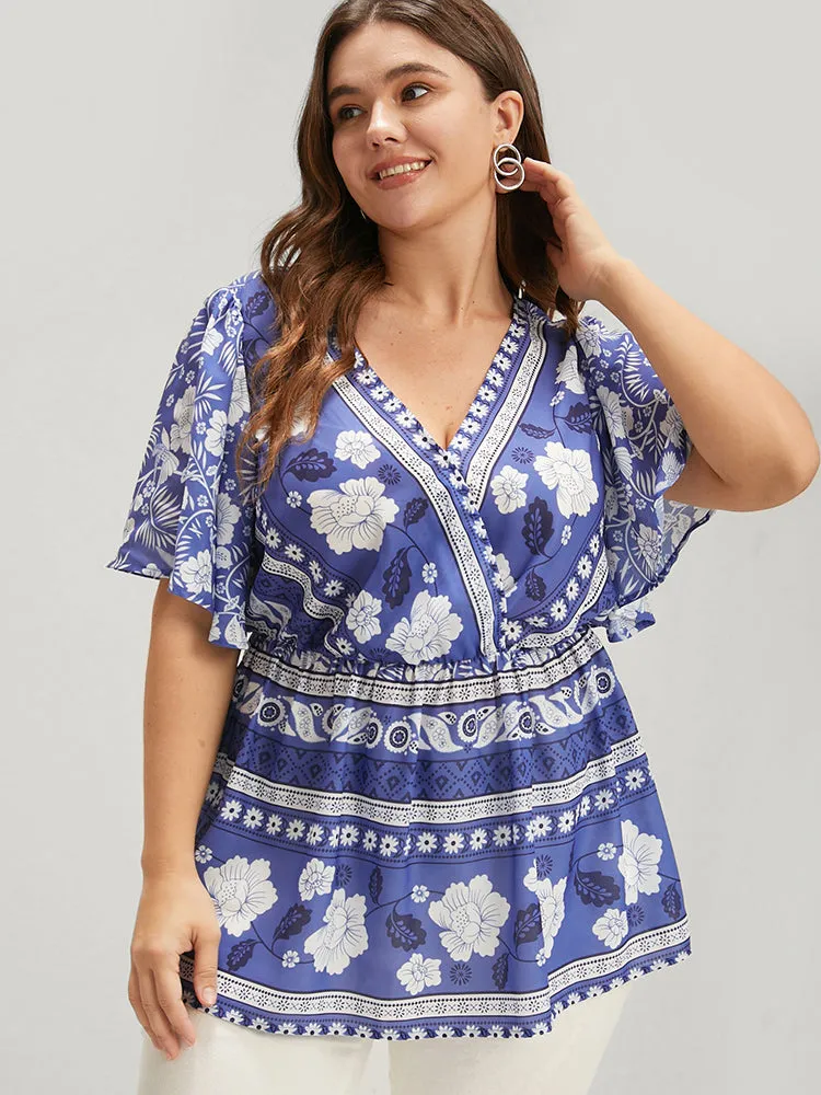 Bandana Ruffles Elastic Waist Wrap Blouse