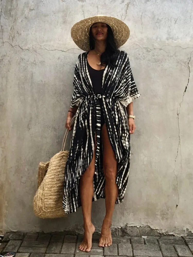 Beach Cover Ups for Swimwear Women Black Tie Dye Kimono Swimsuit Cape Summer Dress Beachwear Outfits Sales
