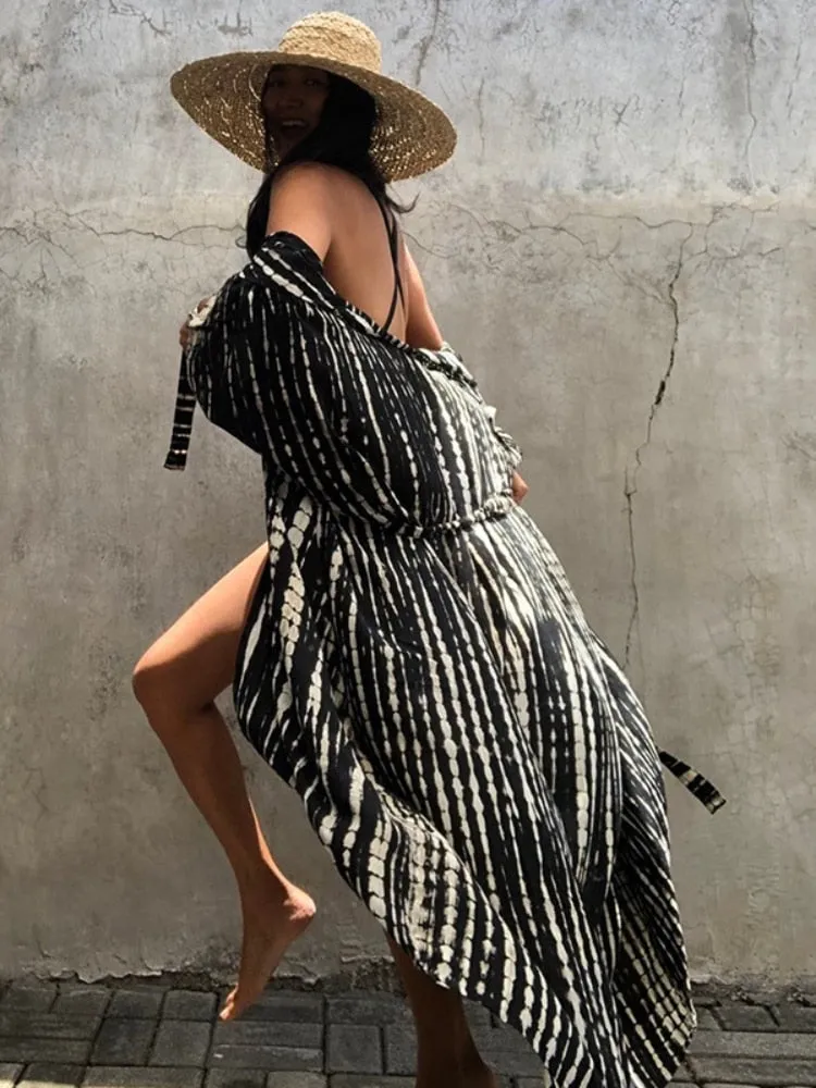 Beach Cover Ups for Swimwear Women Black Tie Dye Kimono Swimsuit Cape Summer Dress Beachwear Outfits Sales