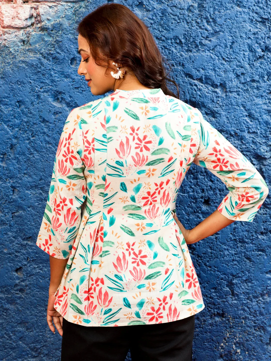 Beige Abstract Printed Pleated Cotton Top