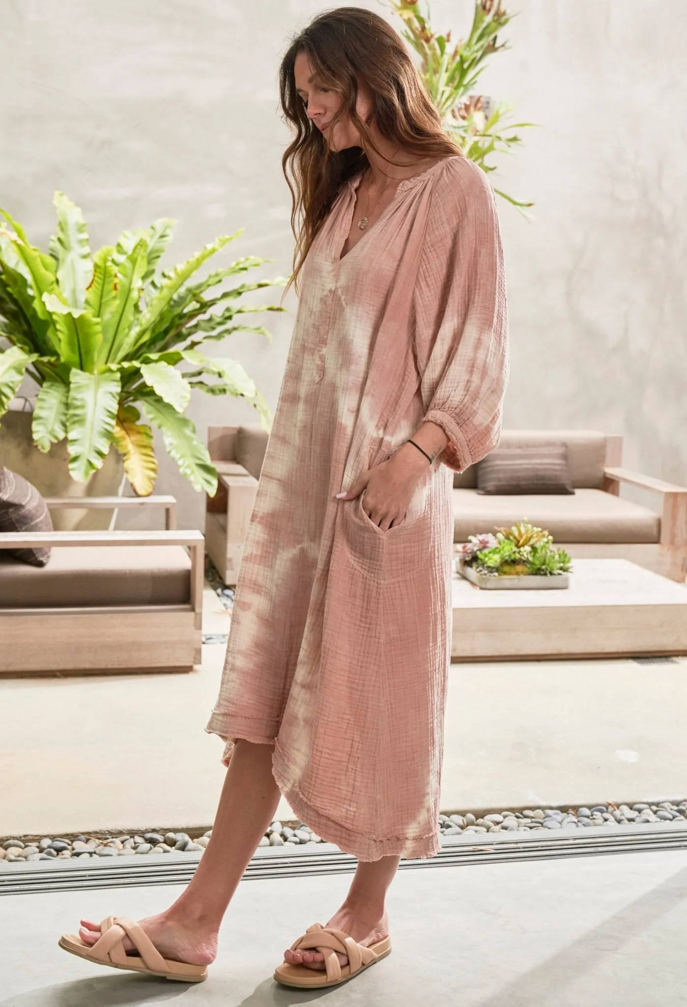 Bermuda Sand Tie Dye Gauze Dress with Pockets