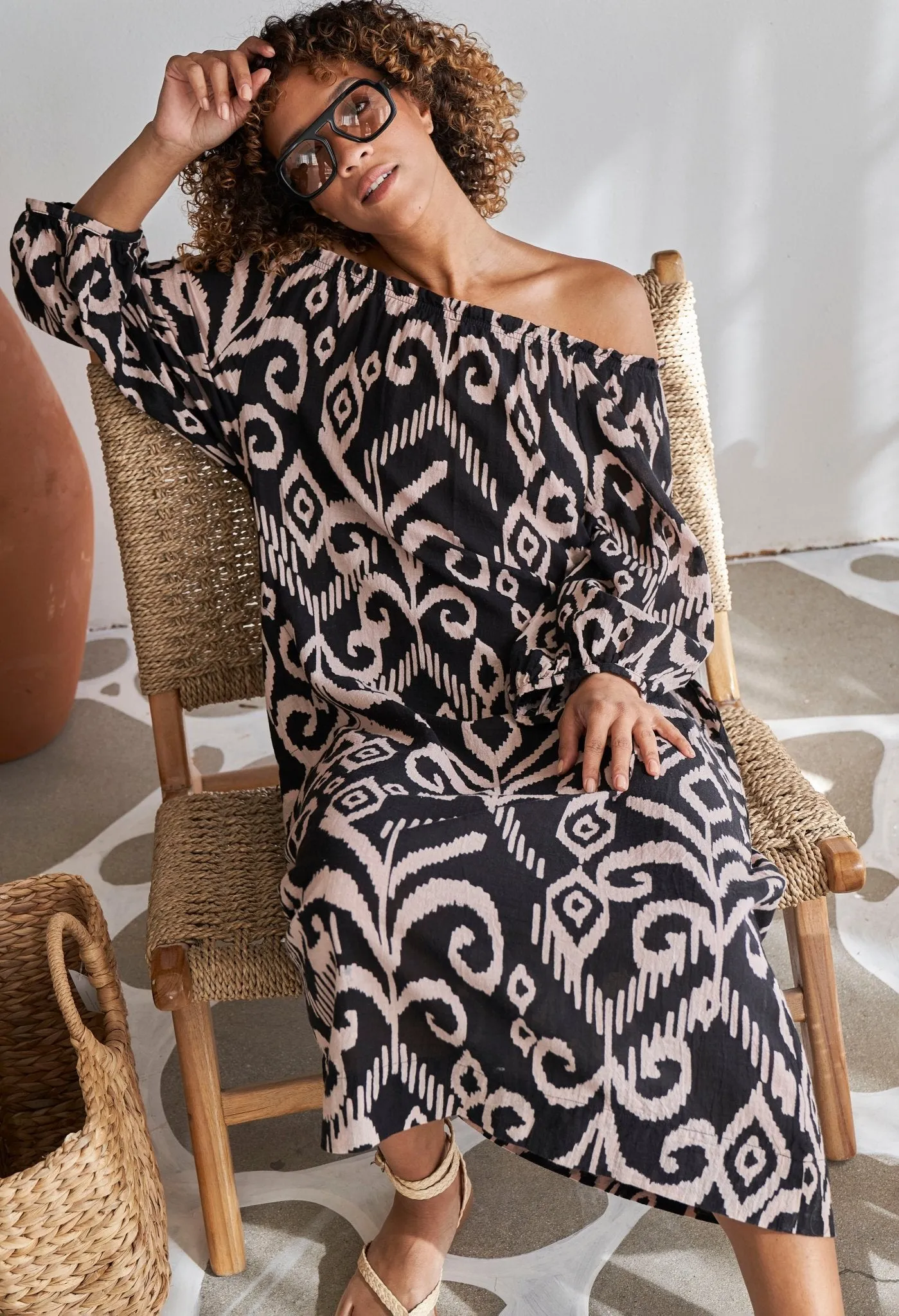 Black and Sand Ikat Off the Shoulder Gauze Dress with Pockets and Belt - Sale