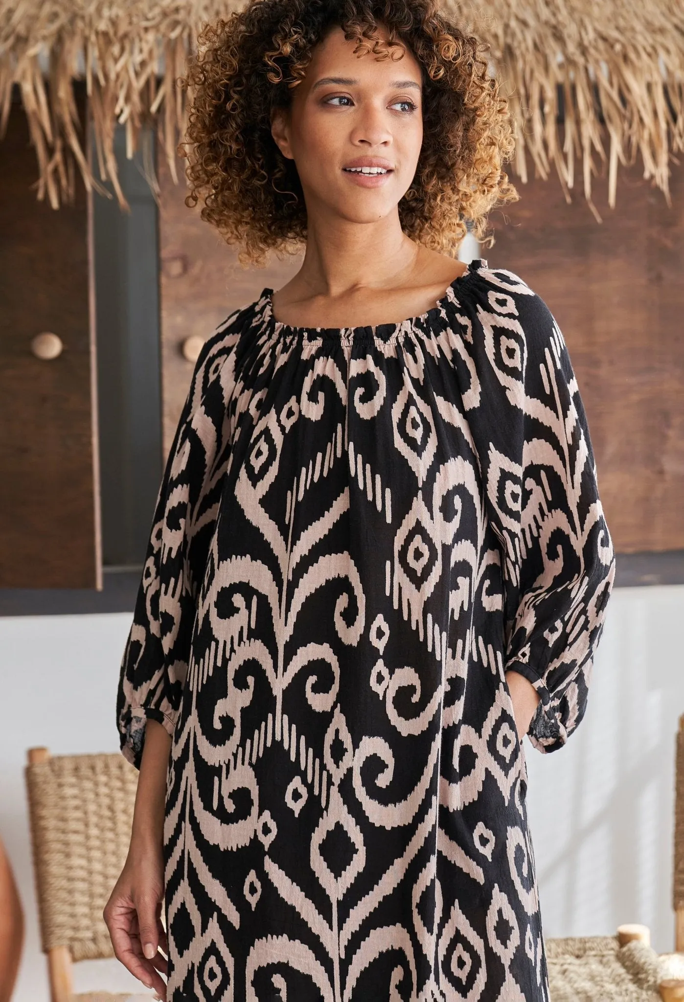 Black and Sand Ikat Off the Shoulder Gauze Dress with Pockets and Belt - Sale