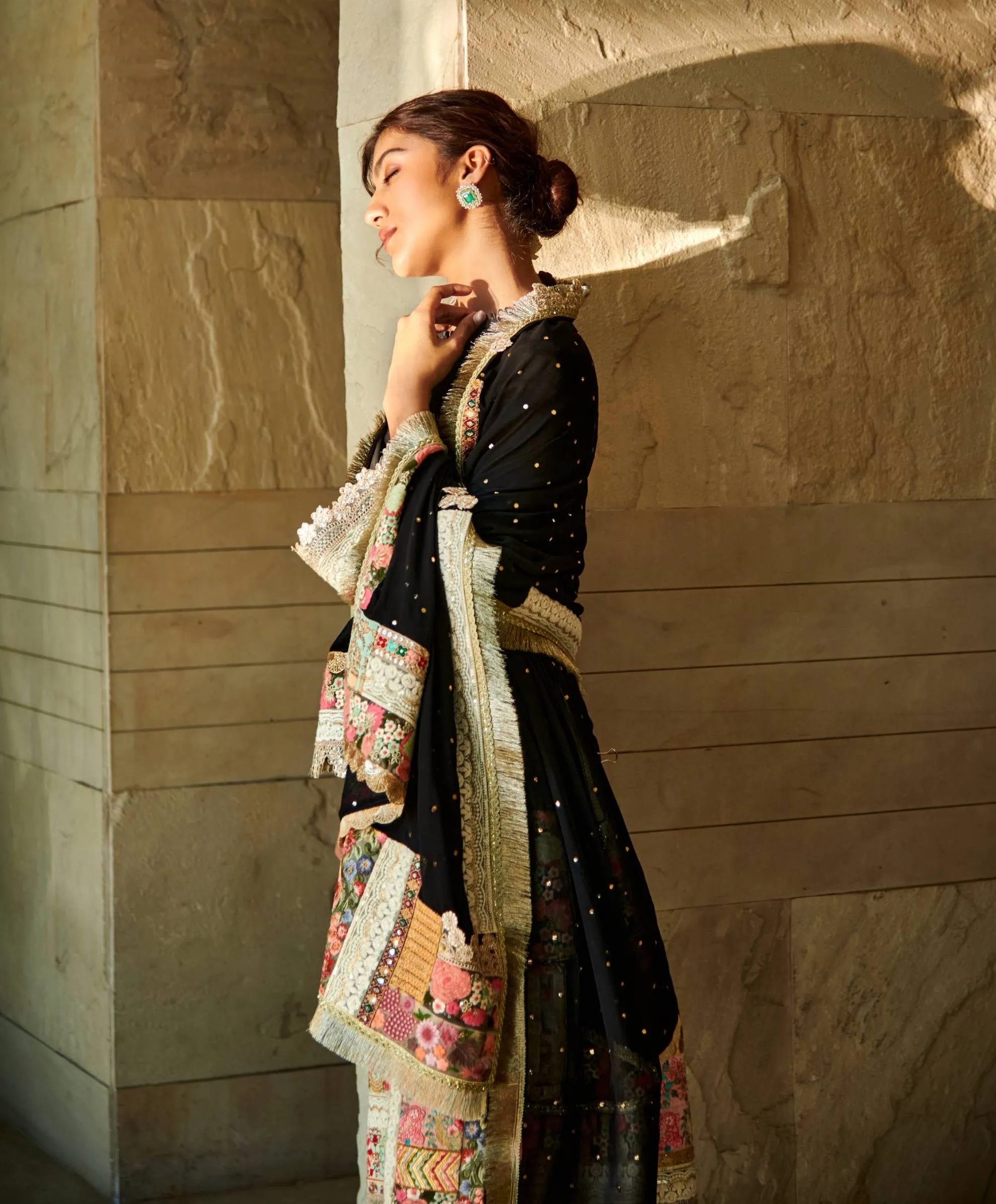 Black chanderi patchwork kurta set