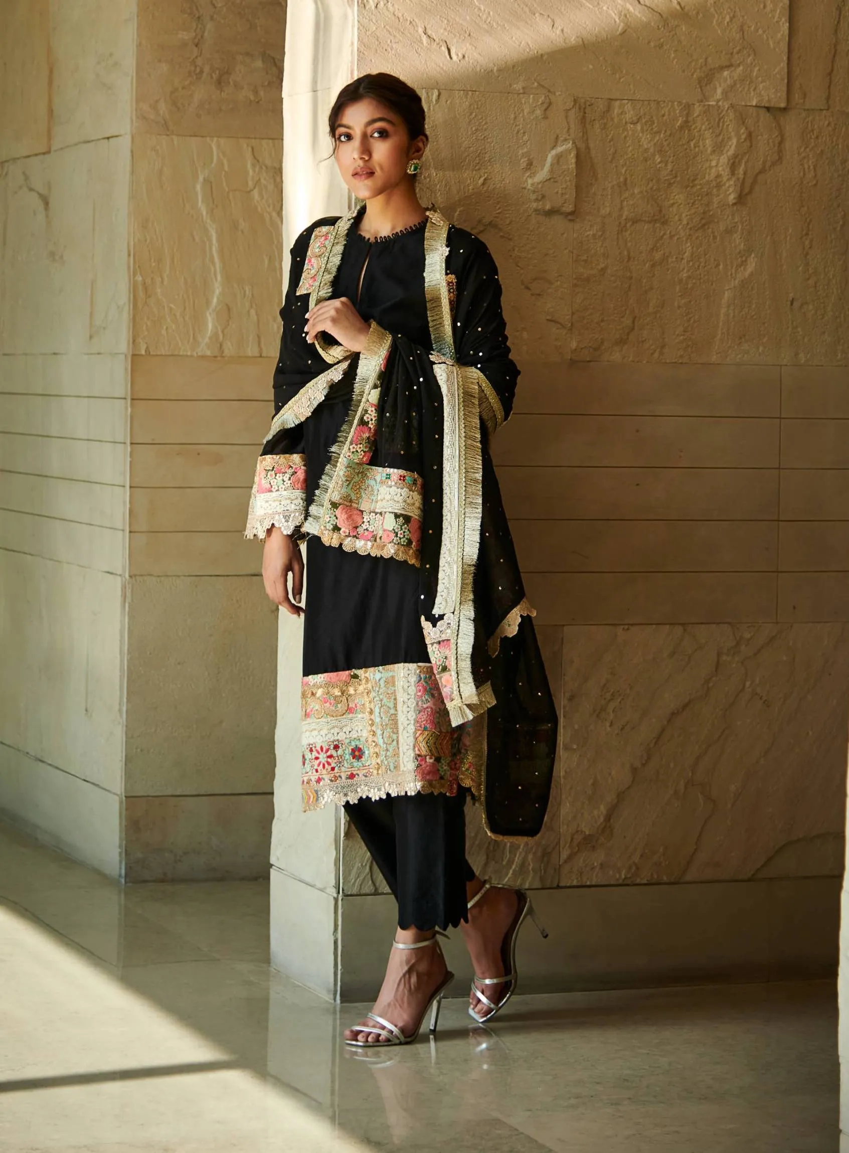 Black chanderi patchwork kurta set