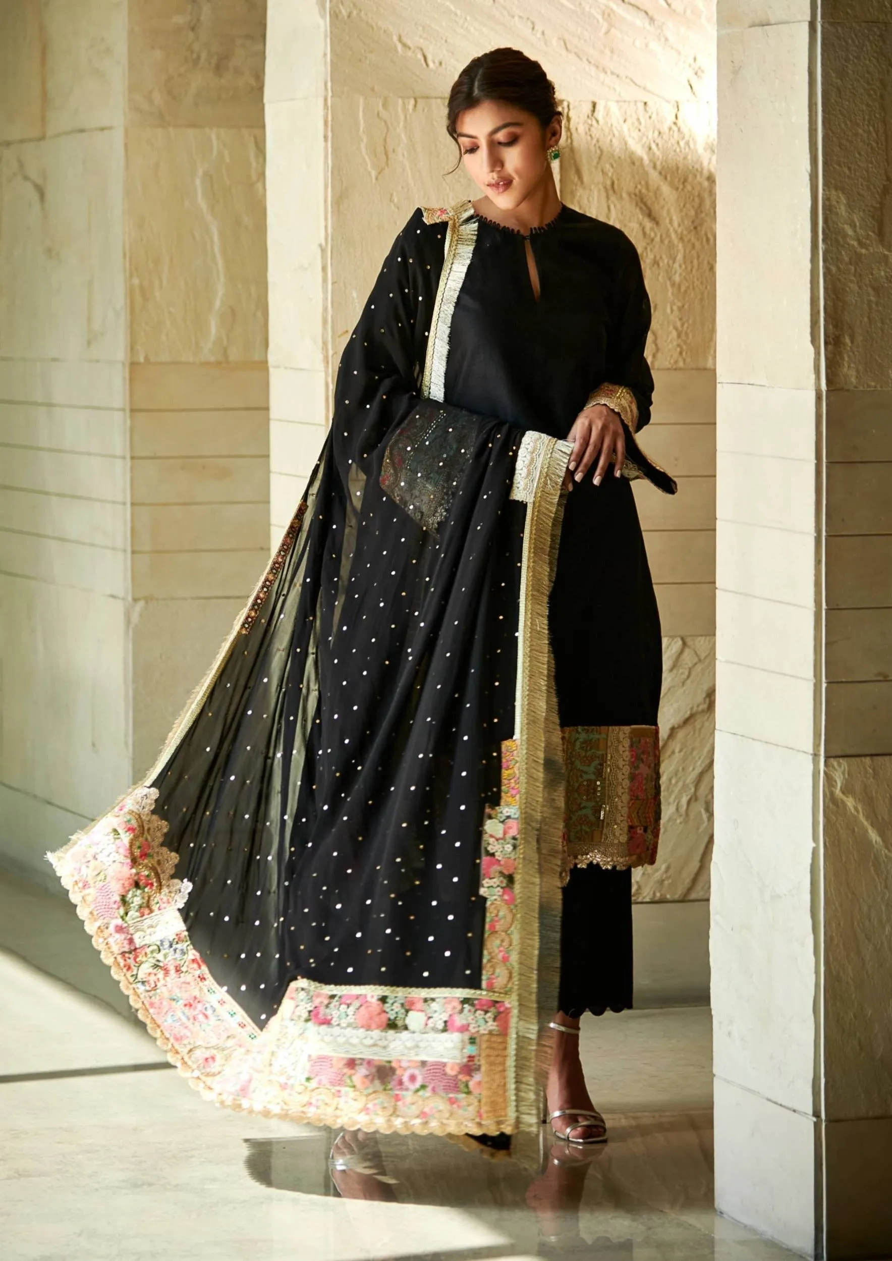Black chanderi patchwork kurta set