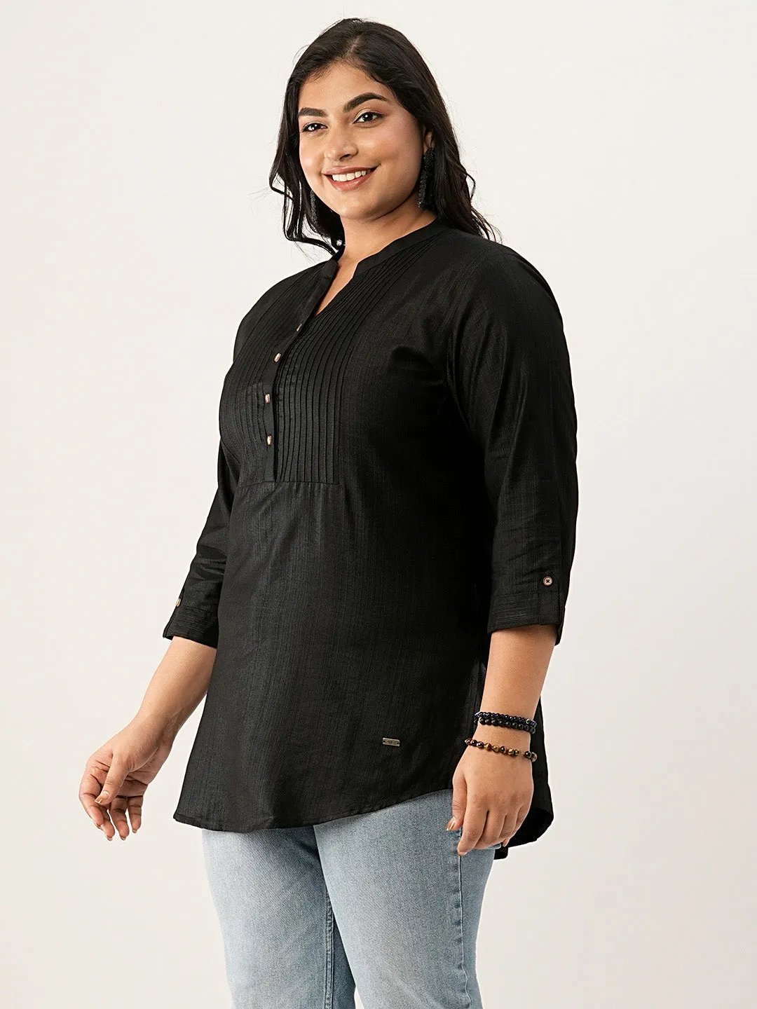 Black Comfort Fit Rayon Tunics for Women Online India Hip Length Straight - Zola