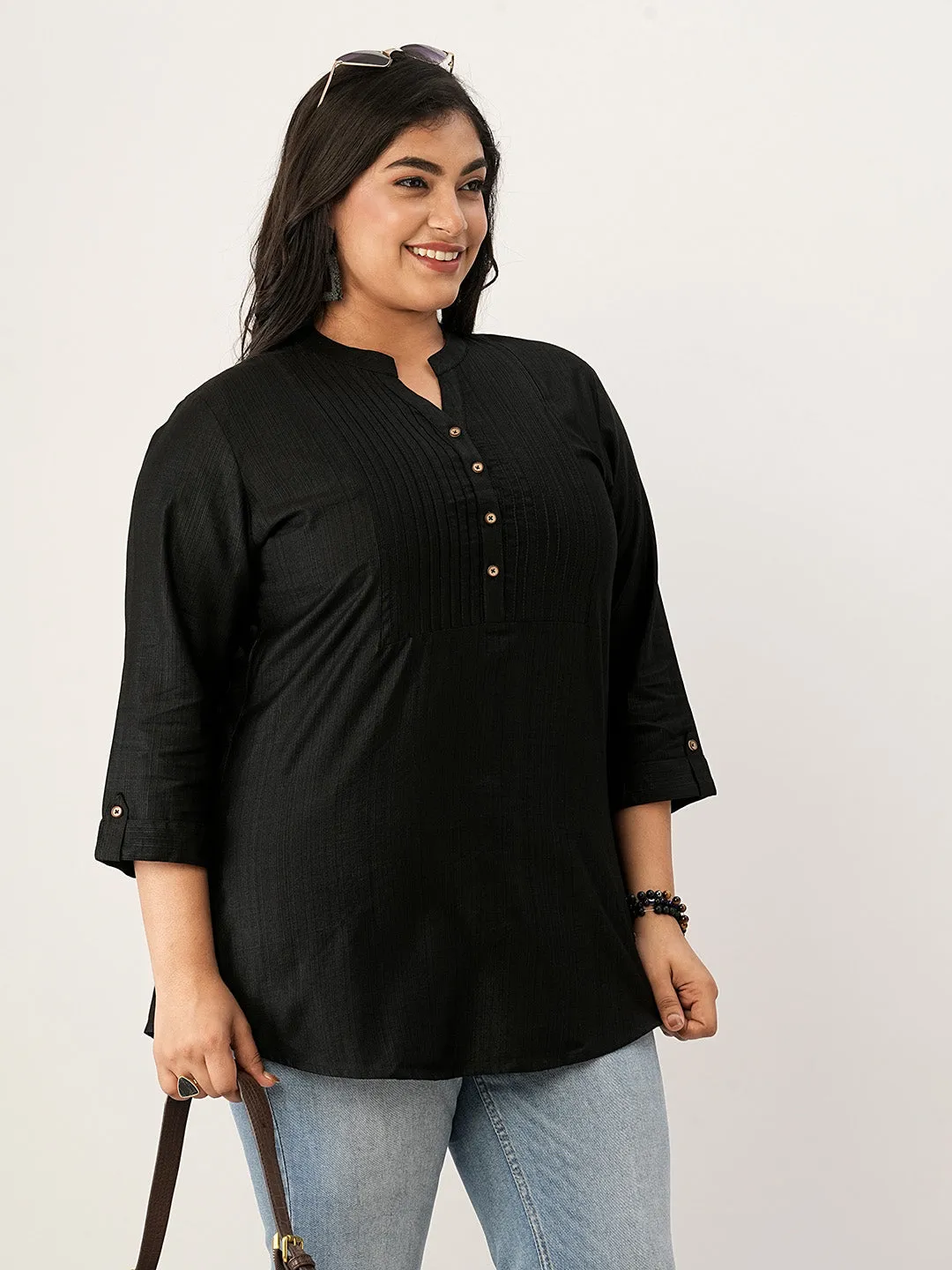 Black Comfort Fit Rayon Tunics for Women Online India Hip Length Straight - Zola
