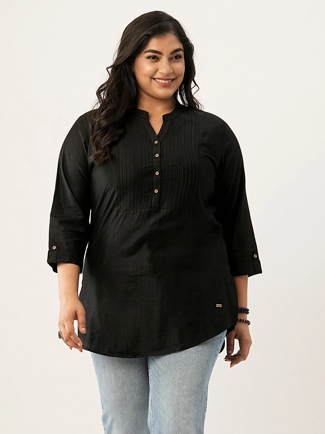 Black Comfort Fit Rayon Tunics for Women Online India Hip Length Straight - Zola